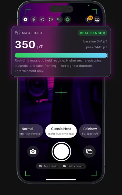 Magnetic field meter showing live μT readings on a thermal-style camera frame