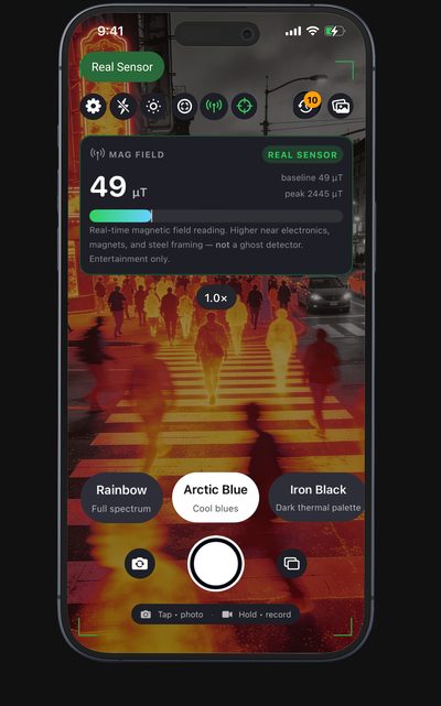 App home screen showing the mode picker with multiple filter chips and the capture controls