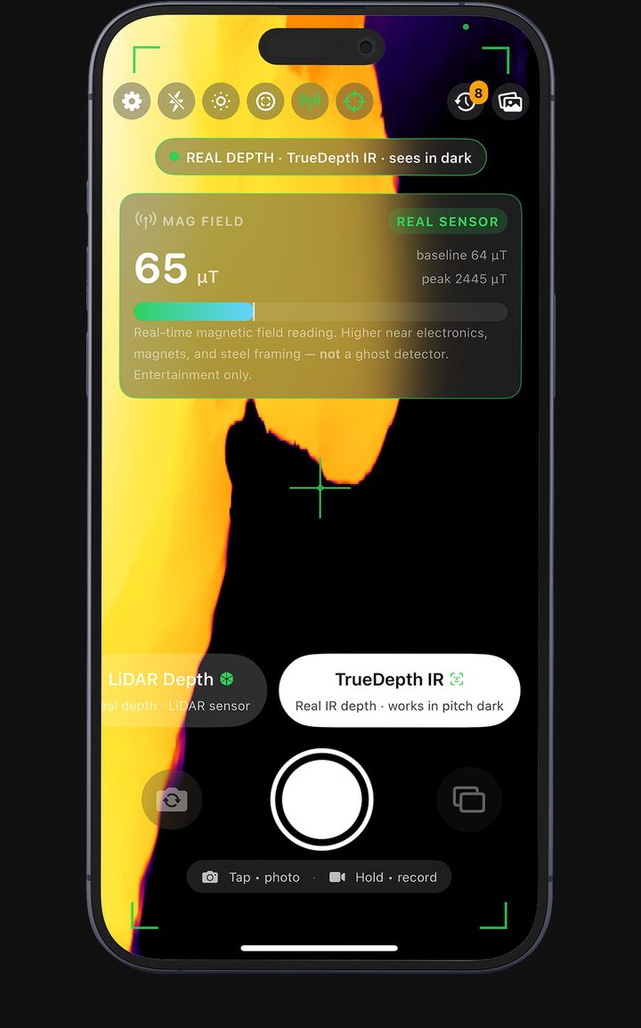 Real Night Vision Camera in TrueDepth IR mode — full app chrome with REAL DEPTH badge, MAG FIELD readout, and mode chips visible.